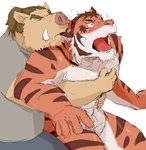 anthro bite blush bottomwear clothing duo ear_bite hug hugging_another hugging_from_behind humanoid_hands kemono male muscular overweight overweight_male pants shirt simple_background topwear white_background train_(artist) felid mammal pantherine suid suina sus_(pig) tiger wild_boar 2011