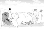 anthro bottomwear butt clothing duo lying male overweight pants question_mark shorts tattoo nekokat42 one_piece bepo_(one_piece) trafalgar_law bear human mammal minkmen_(one_piece) polar_bear ursine 2024 3:2 monochrome