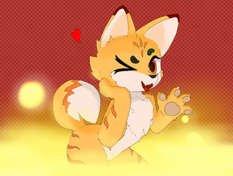 ambiguous_gender anthro arm_tuft black_nose cheek_tuft chest_tuft claws dipstick_tail facial_tuft fangs fur gesture head_markings lava looking_at_viewer markings multicolored_body multicolored_fur one_eye_closed orange_body orange_fur pawpads paws pointy_ears pose smile smiling_at_viewer solo striped_body striped_fur stripes tail tail_markings teeth tongue tongue_out tuft waving wink winking_at_viewer unnamedpon3 canid canine fox mammal female_(lore)