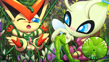 anal animal_genitalia anthro anus balls bdsm blush bodily_fluids bondage bound breasts dominant dominant_female duo female genital_fluids genitals glistening glistening_body glistening_genitalia glistening_penis inviting limited_movement male male/female musk musk_cloud nipples penetration penis precum restrained restrained_by_tentacles sex sheath short shortstack smug submissive submissive_male sweat teasing teasing_with_butt tentacle_masturbation tentacle_penetration tentacle_sex tentacles vaginal_fluids vulva ichimoral nintendo pokemon celebi generation_2_pokemon generation_5_pokemon legendary_pokemon pokemon_(species) victini absurd_res hi_res