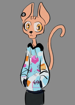 69_(number) :< anthro big_eyes black_bottomwear black_clothing black_ear_piercing bottomwear clothing ear_piercing gauged_ear grey_background hairless hand_in_pocket hoodie male peach_eyes piercing pockets print_clothing print_hoodie print_topwear simple_background skinny_male solo tail topwear big-fig julius_(big-fig) domestic_cat felid feline felis hairless_cat mammal