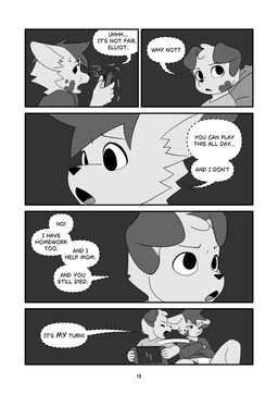 anthro argument close-up dialogue dim_lighting duo emanata floppy_ears heart_(marking) long_sleeve_shirt long_sleeves male markings shaking text tremble_lines trembling whispering young young_anthro young_male minishadefox nintendo nintendo_switch elliot_vance nico_florence canid canine canis domestic_dog mammal absurd_res black_and_white comic english_text hi_res monochrome cousins_(lore)