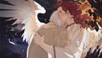 clothing curled_hair duo feathered_wings feathers fire hair hug long_hair male male/male not_furry red_hair robe shocked shooting_star short_hair sky smoke star white_wings wings yellow_eyes luminous_slime good_omens aziraphale_(good_omens) crowley_(good_omens) angel angel_humanoid fallen_angel humanoid winged_humanoid 2023 hi_res