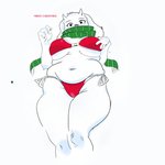 anthro big_breasts bikini blush breasts clothed clothing female fur hand_on_breast holidays horn long_ears looking_at_viewer low-angle_view mature_anthro mature_female scarf simple_background slightly_chubby solo standing swimwear text two-piece_swimsuit white_background white_body white_fur moitasart christmas undertale undertale_(series) toriel boss_monster_(undertale) bovid caprine mammal 1:1 english_text hi_res