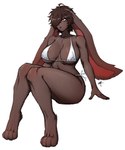 4_toes anthro arm_tuft big_breasts bikini breasts brown_body brown_fur brown_hair buckteeth clothed clothing eyebrows eyelashes feet female floppy_ears foot_tuft fur hair huge_breasts long_ears lop_ears red_eyes shoulder_tuft side-tie_bikini simple_background solo string_bikini swimwear teeth thick_thighs toes tuft two-piece_swimsuit white_background white_bikini white_clothing white_swimwear cursedanchovy rabbit_girl_(woobin94) lagomorph leporid mammal rabbit absurd_res hi_res