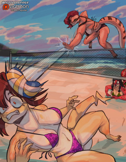 3_toes 5_fingers amber_eyes anthro areola areola_slip ball beach big_breasts bikini black_bikini black_clothing black_hair black_swimwear blue_sky breasts brown_body brown_scales brown_stripes claws clothed clothing curvy_figure day detailed_background eyelashes feet female finger_claws fingers glistening glistening_body glistening_scales green_bikini green_clothing green_eyes green_swimwear group hair long_hair long_tail midair multicolored_body multicolored_scales navel net outside patreon_logo purple_bikini purple_clothing purple_swimwear red_body red_hair red_scales scales sea seaside side_boob skimpy skimpy_bikini sky sport striped_body striped_scales stripes swimwear tail tan_body tan_scales text thick_thighs toe_claws toes trio two-piece_swimsuit two_tone_body two_tone_scales volleyball volleyball_(ball) volleyball_net voluptuous voluptuous_anthro voluptuous_female water wide_hipped_anthro wide_hipped_female wide_hips yellow_body yellow_scales deadassspider patreon ivy_amani ball_python python reptile scalie snake spider_ball_python 2025 absurd_res artist_name digital_drawing_(artwork) digital_media_(artwork) hi_res watermark