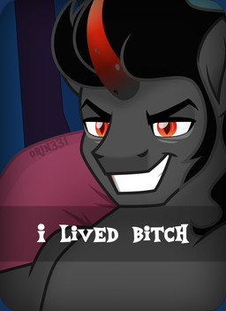 black_hair caption hair horn i_live male profanity pupils red_eyes selfie slit_pupils smile solo text orin331 friendship_is_magic hasbro my_little_pony mythology king_sombra_(mlp) equid equine mammal mythological_creature mythological_equine unicorn absurd_res english_text hi_res