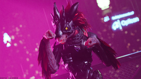 anthro arm_feathers arm_tuft armor avian_caruncle beak body_armor covenant_alphabet_(halo) feather_hair feathered_crest feathers fist glowing glowing_eyes head_crest male neon_lights neon_sign pink_body pink_scales pseudo_hair pupils red_body red_feathers retro scales scuted_hands scutes sharp_teeth sign slit_pupils solo synthwave teeth tongue tongue_out tuft yellow_eyes exotic_valkyrie halo_(series) microsoft xbox_game_studios jazz_(exoticvalkyrie) alien avian kig-yar scalie t'vaoan 16:9 3d_(artwork) 4k absurd_res colored digital_media_(artwork) hi_res widescreen