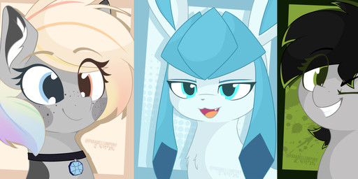 bangs blinking blue_body blue_eyes collar female feral front_view fur green_eyes grey_body group hair heterochromia looking_at_viewer male one_eye_closed short_hair simple_background smile three-quarter_view trio wink winking_at_viewer parabellumpony hasbro my_little_pony nintendo pokemon buvany_(buvanybu) fan_character kalt_(whyvern) silver_moon_(silvermoon_orig) eeveelution equid equine generation_4_pokemon glaceon horse mammal pokemon_(species) pony absurd_res cel_shading digital_drawing_(artwork) digital_media_(artwork) headshot_portrait hi_res multiple_images portrait shaded