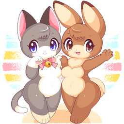 anthro bangs bell bell_collar blue_eyes blush breasts brown_body brown_fur collar countershade_face countershade_torso countershading dipstick_ears dipstick_tail duo ear_markings featureless_breasts female fur grey_body grey_fur hand_holding happy jewelry kemono markings multicolored_ears multicolored_tail neck_tuft necklace pink_eyes scut_tail short_tail smile standing tail tail_markings thick_thighs tuft wide_hips takiune_(pixiv) たきうね domestic_cat felid feline felis hare lagomorph leporid mammal 1:1 2019 aliasing digital_media_(artwork) full-length_portrait low_res portrait