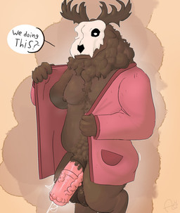 animal_genitalia animal_penis anthro antlers balls bedroom_eyes belly big_balls bodily_fluids body_hair bone brown_body brown_fur brown_hair brown_horn chest_hair clothed clothing curly_hair dark_body dark_fur dialogue fur genital_fluids genitals hair hairy horn huge_balls male mature_male narrowed_eyes nipples partially_clothed penis precum pubes pupils robe saggy_balls seductive simple_background skull skull_head solo speech_bubble text undressing undressing_self vein veiny_penis white_pupils aimskull american_mythology indigenous_north_american_mythology mythology north_american_mythology mateo_(aimskull) deer mammal monster mythological_creature wendigo 2026 absurd_res digital_drawing_(artwork) digital_media_(artwork) english_text hi_res signature