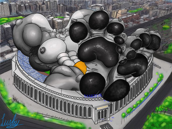 anthro big_feet big_muscles city cityscape feet growth hindpaw huge_feet huge_muscles hyper hyper_feet hyper_muscles lounging macro male muscle_growth muscular pawpads paws soles solo stadium luxley devon_wolf canid canine canis mammal wolf hi_res