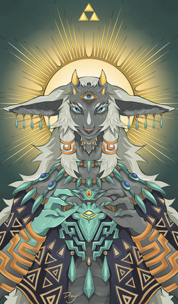 3_eyes abstract_background accessory anthro big_ears blue_eyes clothed clothing ear_piercing ear_ring eyelashes facial_hair fur goatee grey_body grey_fur hair horn jewelry long_hair looking_at_viewer male multi_eye necklace piercing pink_nose ring_piercing solo triforce white_hair draugr_(artist) nintendo tears_of_the_kingdom the_legend_of_zelda rauru_(tears_of_the_kingdom) zonai absurd_res hi_res signature