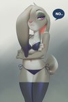 anthro bra clothing crossed_arms dialogue ear_over_eye female legwear one_eye_obstructed panties side-tie_panties solo stockings text underwear miles_df disney zootopia judy_hopps lagomorph leporid mammal rabbit 2021 english_text