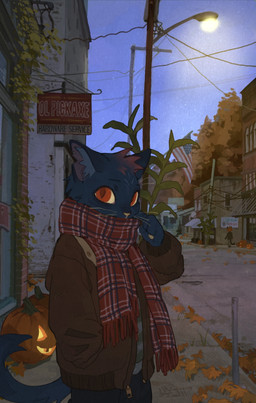 american_flag anthro atmospheric autumn brown_clothing brown_coat brown_jacket brown_topwear clothing coat ear_tuft evening female hand_in_pocket jack-o'-lantern jacket leaves_on_ground outside pennsylvania pockets power_lines red_eyes scarf sidewalk sign solo standing street street_lamp topwear town tuft united_states_of_america whiskers yellow_sclera luxjii night_in_the_woods mae_borowski domestic_cat felid feline felis mammal 2024 hi_res