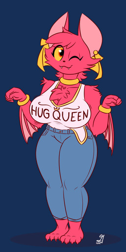 anthro arm_tuft big_breasts bottomwear breast_tuft breasts claws clothing denim denim_bottomwear denim_clothing ear_piercing female fur jeans membrane_(anatomy) membranous_wings neck_ring one_eye_closed pants piercing pink_body pink_fur shirt solo tank_top teeth_showing toe_claws topwear tuft winged_arms wings wink wristband yellow_sclera glimglam vixie_(averyshadydolphin) bat mammal 1:2 2018 alpha_channel colored digital_drawing_(artwork) digital_media_(artwork) hi_res signature