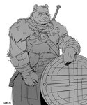 anthro biped male musclegut muscular nipples shield simple_background solo viking weapon white_background conditional_dnp sinibun_95 bear mammal 2021 hi_res monochrome sketch