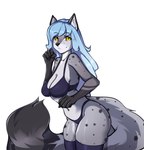 anthro blue_hair bottomwear clothing female fluffy fluffy_tail hair looking_at_viewer pose smile solo tail topwear wide_hips welive alexandra_(takkin) canid canine canis mammal wolf hi_res pinup