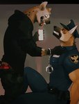 anthro black_body black_fur black_nose blackmail bodily_fluids brown_body brown_fur captured cellphone clothed clothing coercion criminal cuff_(restraint) duo ear_piercing ear_ring electronics fangs fur handcuffs hat headgear headwear kemono looking_at_another male male/male markings metal_cuffs multicolored_body multicolored_fur muscular muscular_anthro muscular_male phone piercing pointy_ears police police_hat police_officer police_uniform red_eyes restraints ring_piercing spots spotted_body spotted_fur sweat sweatdrop teeth tongue tongue_out two_tone_body two_tone_fur uniform k0bit0wani canid canine canis domestic_dog german_shepherd herding_dog hyena mammal pastoral_dog absurd_res hi_res
