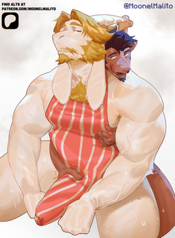 anthro apron apron_only beard big_penis brown_body brown_fur bulge clothing detailed_bulge duo facial_hair floppy_ears fur genital_outline genitals handjob horn licking licking_lips long_ears male male/male mature_male muscular muscular_anthro muscular_male mustache penile penis penis_outline reach_around sex text tongue tongue_out white_body white_fur moonelmalito deltarune undertale_(series) asgore_dreemurr rudolph_holiday boss_monster_(undertale) bovid caprine deer goat lightner mammal new_world_deer reindeer absurd_res hi_res url