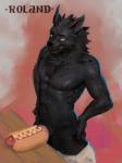 anthro big_penis biped black_body black_ears black_face black_fur black_nose black_text black_tuft bottomwear bottomwear_down cheek_tuft chest_tuft clothed clothing dark_body dark_ears dark_face dark_fur dark_nose dark_text dark_tuft erection facial_tuft food food_fetish food_play front_view fur fur_tuft genitals gradient_background hands_on_hips high-angle_view hot_dog_bun humanoid_genitalia humanoid_penis looking_at_viewer looking_up male monotone_body monotone_face monotone_fur muscular muscular_anthro muscular_male mustard nipples pants pants_down partially_clothed pecs penis penis_hot_dog pink_background pointy_ears presenting presenting_penis prick_ears simple_background smile smirk smug snout solo standing text three-quarter_view topless tuft yellow_eyes wolvalix mythology canid canine canis mammal mythological_canine mythological_creature werecanid werecanine werecreature werewolf wolf roland_(disambiguation) 3:4 character_name hi_res unavailable_at_source