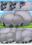3_toes anthro big_breasts big_butt big_pupils biped black_body black_ears black_fur black_hair black_markings black_sclera black_tail blue_clothing blue_shirt blue_topwear body_size_growth bottomless bottomless_anthro bottomless_female breast_expansion breast_squish breasts butt butt_expansion claws clenched_teeth clothed clothing constricted_pupils day expansion eyewear feet female finger_claws fur glasses green_eyes green_eyewear green_glasses green_pupils grey_body grey_fur hair huge_breasts huge_butt huge_thighs hyper hyper_breasts hyper_butt hyper_thighs leg_markings macro markings onomatopoeia outside pawpads pink_nose pink_pawpads plant pupils sharp_teeth shirt size_transformation small_pupils socks_(marking) solo sound_effects squish tail teeth text thick_thighs thigh_expansion toes topwear transformation tree whiskers white_claws worried jaeh nintendo pokemon ganger dewott generation_5_pokemon mammal mustelid otter pokemon_(species) 2023 better_version_at_paywall comic digital_drawing_(artwork) digital_media_(artwork) english_description english_text hi_res