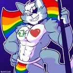 abs anthro big_bulge big_muscles blue_background bodypaint bracelet bulge clothing collar cyclical_arrow directional_arrow eye_patch eyebrows eyewear flag flag_(object) fur hair hand_on_hip heart_on_body heart_symbol holding_flag holding_object jewelry jockstrap lgbt_pride looking_at_viewer male multicolored_clothing multicolored_jockstrap multicolored_underwear muscular muscular_anthro muscular_male navel obliques pecs pride_color_clothing pride_color_flag pride_color_jockstrap pride_color_underwear pride_colors rainbow_flag rainbow_pride_clothing rainbow_pride_colors rainbow_pride_flag rainbow_symbol retweet simple_background six-stripe_rainbow_pride_colors smile solo standing super_gay teeth text tuft underwear fizzyjay nintendo star_fox twitter wolf_o'donnell canid canine canis mammal wolf 1:1 2022 hi_res url