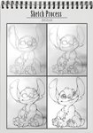 4_toes art_progression art_time-lapse back_markings chest_tuft claws feet fur head_tuft looking_away markings no_sclera notched_ear open_mouth open_smile simple_background sitting smile solo text toes tuft andrena_rae disney lilo_and_stitch stitch_(lilo_and_stitch) alien experiment_(lilo_and_stitch) 2019 english_text greyscale hi_res monochrome sketch