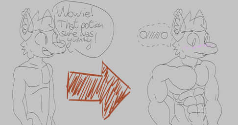 abs anthro barazoku biceps blush blush_lines fluffy_ears growth hair male muscle_growth muscular muscular_anthro muscular_male pecs pecs_growth skinny skinny_male solo speech_bubble teeth_showing ixyhiffxy canid canine canis domestic_dog mammal absurd_res hi_res sequence