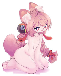 anthro braided_hair breasts feet female fur hair inner_ear_fluff legs_together looking_at_viewer nude paws pink_body pink_fur pink_hair red_eyes simple_background sitting smile solo tail toes tuft young young_anthro young_female mrcat11 mihoyo zenless_zone_zero zhao_(zenless_zone_zero) lagomorph leporid mammal rabbit hi_res adult_(lore)