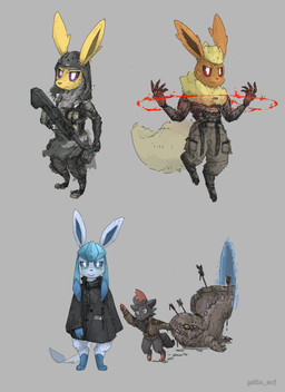 5_fingers ambiguous_gender anthro armor arrow_(weapon) biped bite black_nose blue_body blue_eyes closed_smile clothed clothing fingers fluffy fluffy_tail food fruit grey_background group gun holding_gun holding_object holding_ranged_weapon holding_weapon jacket looking_at_another mouth_closed multi_eye neck_tuft oran_berry orange_body pawpads paws plant pokemon_berry portal pupils purple_eyes raised_arm ranged_weapon red_eyes sharp_teeth simple_background smile standing tail teeth text topwear tuft weapon white_pupils white_sclera yellow_body goblin_serf nintendo pokemon eeveelution flareon generation_1_pokemon generation_4_pokemon generation_5_pokemon glaceon jolteon monster pokemon_(species) zorua 2025 artist_name english_text hi_res
