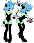 absolute_territory alcohol antennae_(anatomy) beverage blue_hair breasts cleavage clothed clothing cocktail cuffs_(clothing) dessert food gloves green_body hair handwear ice_cream legwear looking_at_viewer not_furry skimpy standing thigh_highs waiter kewpiekills bessie_(kewpiekills) alien alien_humanoid humanoid olive_(disambiguation) 2023 digital_drawing_(artwork) digital_media_(artwork) hi_res