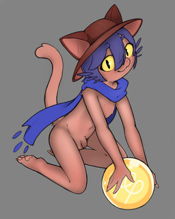 3_toes 4_fingers anthro balls biped black_eyes blue_eyebrows blue_hair blue_scarf brown_balls brown_body brown_clothing brown_fur brown_hat brown_headwear brown_penis brown_tail circle_eyebrows claws closed_smile clothing eyebrows feet fingers flaccid foreskin fur genitals glistening glistening_eyes glistening_genitalia glistening_penis grey_background hair hat headgear headwear hindpaw holding_object humanoid_genitalia humanoid_penis kneeling looking_at_viewer male male_anthro mismatched_genitalia mismatched_humanoid_penis mismatched_penis mostly_nude mostly_nude_anthro mostly_nude_male mouth_closed nipples pawpads paws penis raised_tail scarf simple_background smile smiling_at_viewer solo tail toe_claws toes unretracted_foreskin yellow_sclera young young_anthro young_male ryess oneshot niko_(oneshot) domestic_cat felid feline felis mammal 2026 4:5 absurd_res digital_drawing_(artwork) digital_media_(artwork) hi_res