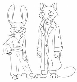 anthro barefoot clothed clothing duo fangs feet female hand_on_hip male simple_background teeth white_background tggeko disney zootopia judy_hopps nick_wilde canid canine fox lagomorph leporid mammal rabbit red_fox true_fox vampire 2016 black_and_white hi_res monochrome
