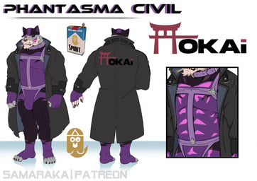 anthro barazoku biped black_clothing black_jacket black_sclera black_suit black_topwear bodysuit bulge cigarette_box close-up clothed clothed_anthro clothed_male clothing coat collar detailed_bulge fingerless_gloves fingers fist front_view frown fur gesture gloves grey_body grey_fur hand_gesture handwear hat headgear headwear humanoid_hands jacket logo male markings muscular muscular_anthro muscular_male narrowed_eyes purple_body purple_clothing purple_eyes purple_fur purple_suit rear_view simple_background skinsuit solo standing striped_markings stripes suit text tight_clothing topwear trenchcoat white_background samaraka phantasma_(samaraka) felid mammal pantherine tiger absurd_res artist_name character_name full-length_portrait hi_res model_sheet portrait