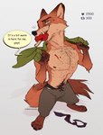 anthro bodily_fluids body_hair clothed clothing food happy_trail male muscular muscular_male necktie pawpsicle popsicle pubes solo sweat text topless undressing ksejl disney strip_meme zootopia nick_wilde canid canine fox mammal red_fox true_fox absurd_res english_text hi_res