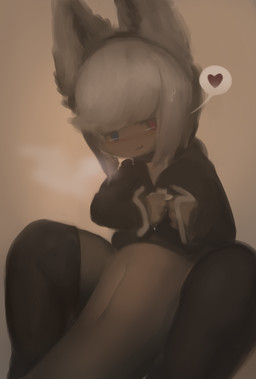 4_fingers :3 ambiguous_gender animal_genitalia bangs black_clothing black_jacket black_legwear black_lips black_thigh_highs black_topwear blue_eyes blush bodily_fluids bottomless breathing brown_body clothed clothing fingers fluffy_ears genital_slit genitals hair heart_symbol heterochromia jacket legwear lips looking_at_viewer noseless red_eyes short_hair simple_background solo speech_bubble spread_legs spreading sweat tail thigh_highs topwear white_ears white_hair hasukii love_exalt_8372 team_veki healer_(love_exalt_8372) lizard reptile scalie hi_res