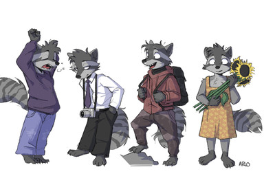 anthro backpack bottomwear camera clothed clothing collared_shirt crossdressing crossdressing_male denim denim_bottomwear denim_clothing dress dress_shirt flower hand_in_pocket hiking jeans male necktie no_shoes open_mouth pants plant pockets shirt shoeless smile sunflower tired topwear yawn yawning_position arloatdusk mammal procyonid raccoon 3:2 hi_res
