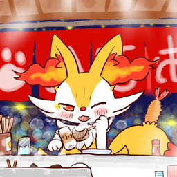 ambiguous_anthro ambiguous_gender anthro beverage biped blush container cup detailed_background digitigrade dipstick_tail eating eating_food food food_in_mouth front_view glass glass_container glass_cup holding_food holding_object inside kebab markings meat nude_ambiguous nude_anthro object_in_tail one_eye_closed open_:3 open_mouth restaurant shrimp_(food) solo steam tail tail_markings annyui0611 nintendo pokemon braixen canid generation_6_pokemon mammal pokemon_(species) 1:1 2021 digital_drawing_(artwork) digital_media_(artwork) hi_res