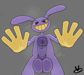 against_screen against_surface anthro balls clothing eyebrows foreskin genitals gloves grey_background handwear humanoid_genitalia humanoid_penis male musk musk_clouds penis purple_body raised_eyebrow simple_background solo jbun07 glitch_productions the_amazing_digital_circus jax_(tadc) lagomorph leporid mammal rabbit 2025
