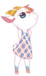 :3 anthro biped blue_body blue_eyes blue_fur clothing dress female freckles fur hair hands_behind_back horn looking_at_viewer orange_body orange_fur orange_hair shift_dress short_hair simple_background smile solo standing white_background white_body white_fur unknown_artist animal_crossing nintendo chevre_(animal_crossing) bovid caprine goat mammal