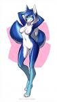 anthro areola black_nose blue_body blue_eyes blue_fur blue_hair breasts female fur genitals hair nipples nude pink_areola pink_nipples pussy simple_background solo standing white_body white_fur white_hair spefides saphayla_(zelianda) canid canine fox mammal digital_media_(artwork) hi_res shaded