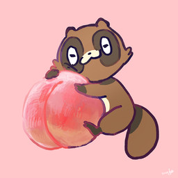 ambiguous_gender anthro chibi eyes_closed food fruit hug peach_(fruit) pink_background plant simple_background solo hanakusotokyo canid canine mammal raccoon_dog tanuki 1:1 2020