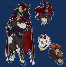 4_arms 4_eyes ambiguous_gender anthro bell bell_collar black_body black_fur black_hair clothing collar crown ear_piercing ear_ring fur fur_markings fusion group hair headgear hooves horn male markings multi_arm multi_eye multi_limb multi_mouth multicolored_body multicolored_fur piercing pink_eyes pink_nose purple_clothing red_clothing red_eyes red_horn ring_piercing sheathed_weapon simple_background solo transparent_background trio white_body white_fur white_hair white_markings puppetmaster13uwu cult_of_the_lamb demon_slayer jujutsu_kaisen kimetsu_no_yaiba massive_monster_(studio) muzan_kibutsuji sukuna_(jujutsu_kaisen) bovid caprine goat humanoid hybrid mammal sheep alpha_channel crossover