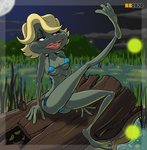 bikini blonde_hair clothing evening female hair pond solo swimwear two-piece_swimsuit hentai_boy_(artist) frogger saturday_supercade fanny_frog ambient_arthropod ambient_insect amphibian arthropod beetle elateroid firefly frog insect hi_res