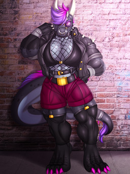 anthro black_body breasts claws clothed clothing detailed_background eyewear fangs female glasses grey_body hair horn multicolored_body muscular muscular_anthro muscular_female open_mouth open_smile pecs pecs_with_breasts purple_hair red_eyes smile solo tail teeth two_tone_body zi0808 mythology elizah_(zi0808) dragon hybrid mythological_creature mythological_scalie orc scalie 3:4 hi_res