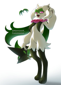 ambiguous_gender anthro cute_fangs fangs flower_(anatomy) fur green_body green_fur green_tail jagged_mouth mask open_mouth pawpads paws pink_eyes pink_nose simple_background solo tail teeth white_background hannaee9 nintendo pokemon generation_9_pokemon meowscarada pokemon_(species) 2026 absurd_res hi_res