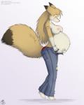 anthro belly big_belly blush bottomwear breasts clothing denim denim_bottomwear denim_clothing female jeans nipples panties pants pregnant pregnant_anthro pregnant_female solo underwear geckoguy123456789 leokitsune canid canine fennec_fox fox mammal true_fox