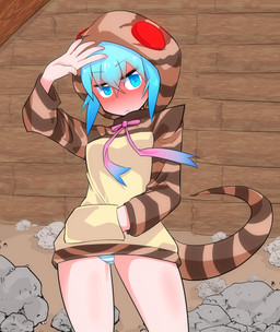 4_eyes 5_fingers blue_eyes blue_hair blush blush_lines bottomwear breasts clothed clothing embarrassed exposed_leg eyebrow_through_hair eyebrows female fingers flashing flashing_panties glowing glowing_eyes hair hand_in_pocket hand_on_head hoodie markings mouth_closed multi_eye multicolored_hoodie multicolored_ribbon nipple_outline one_hand_up open_palm panties pantsless panty_peek pattern_bottomwear pattern_clothing pattern_hoodie pattern_panties pattern_topwear pattern_underwear pink_bow pockets raised_hand red_eyes rock sand snake_hood solo standing stone_wall striped_bottomwear striped_clothing striped_hoodie striped_markings striped_panties striped_tail striped_topwear striped_underwear stripes tail tail_markings tan_clothing tan_hoodie tan_topwear thick_tail topwear translucent translucent_hair underground underwear unusual_clothing upskirt wall_(structure) wood nuka_cola06_(artist) asian_mythology east_asian_mythology japanese_mythology kemono_friends mythology tsuchinoko_(kemono_friends) animal_humanoid cryptid humanoid mythological_creature mythological_scalie reptile reptile_humanoid scalie scalie_humanoid snake snake_humanoid tsuchinoko yokai 2017 digital_drawing_(artwork) digital_media_(artwork) hi_res japanese_description