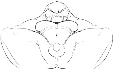 anthro anus balls butt fangs genitals half-closed_eyes looking_at_viewer lying male narrowed_eyes navel nude on_back pecs penis scales sharp_teeth simple_background solo teeth white_background iblit love_death_+_robots netflix monster 2025 digital_media_(artwork) monochrome sketch